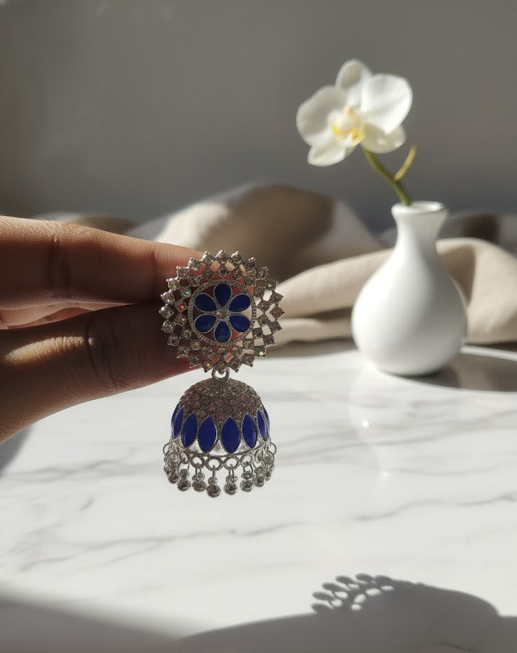 Elegant Blue Glow Silver Set with Chain Earrings
