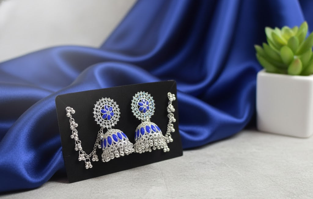 Elegant Blue Glow Silver Set with Chain Earrings