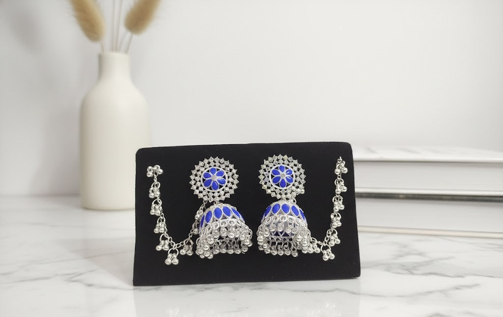Elegant Blue Glow Silver Set with Chain Earrings