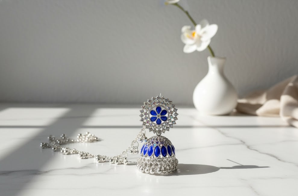 Elegant Blue Glow Silver Set with Chain Earrings