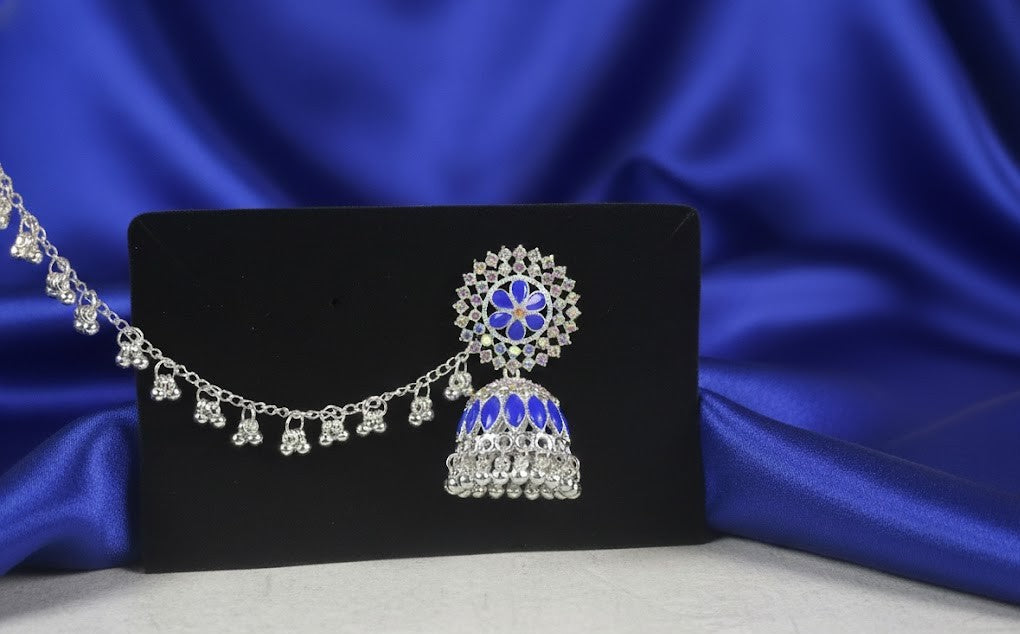 Elegant Blue Glow Silver Set with Chain Earrings