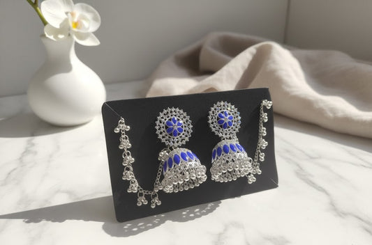Elegant Blue Glow Silver Set with Chain Earrings