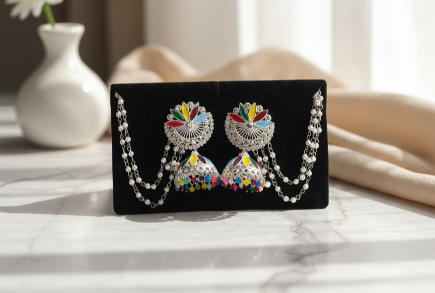 Colorful Jhumka with Pearl Chain