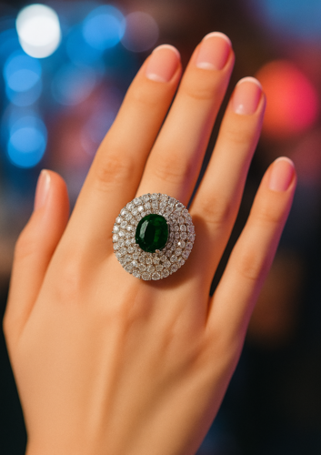 💚 Emerald Green Oval   Ring with Diamond