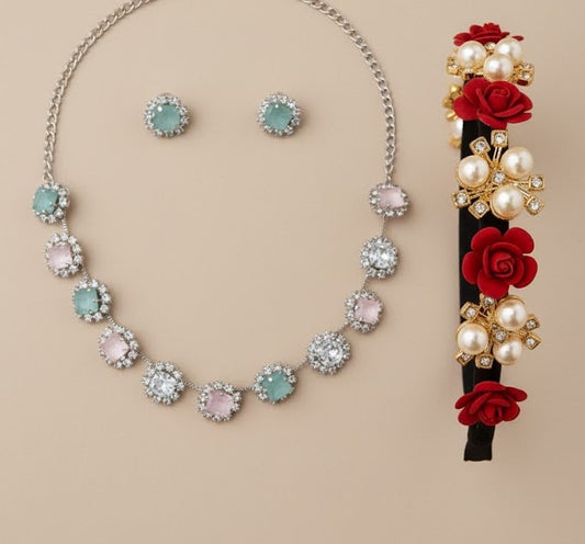 Floral Hair Band with Pink-Green Necklace Set