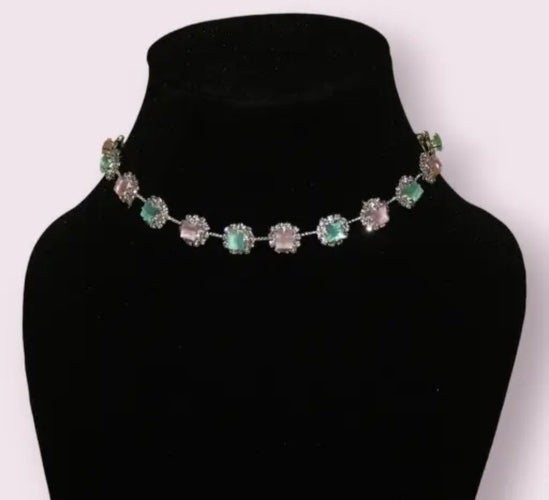 Pink & Green Stone Necklace Set with Earrings