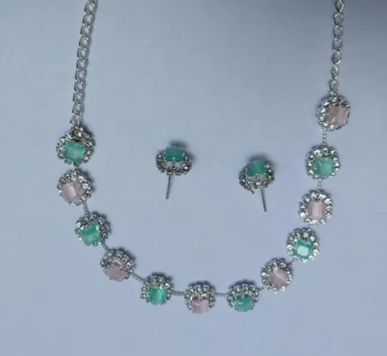Pink & Green Stone Necklace Set with Earrings