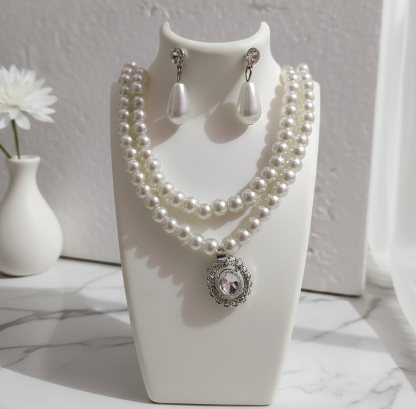 Classic Double Pearl Necklace Set with Crystal Pendant