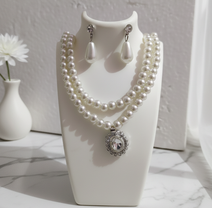 Classic Double Pearl Necklace Set with Crystal Pendant