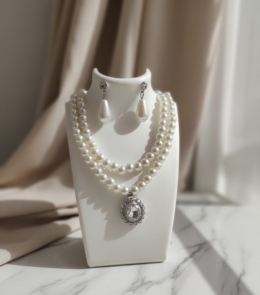 Classic Double Pearl Necklace Set with Crystal Pendant