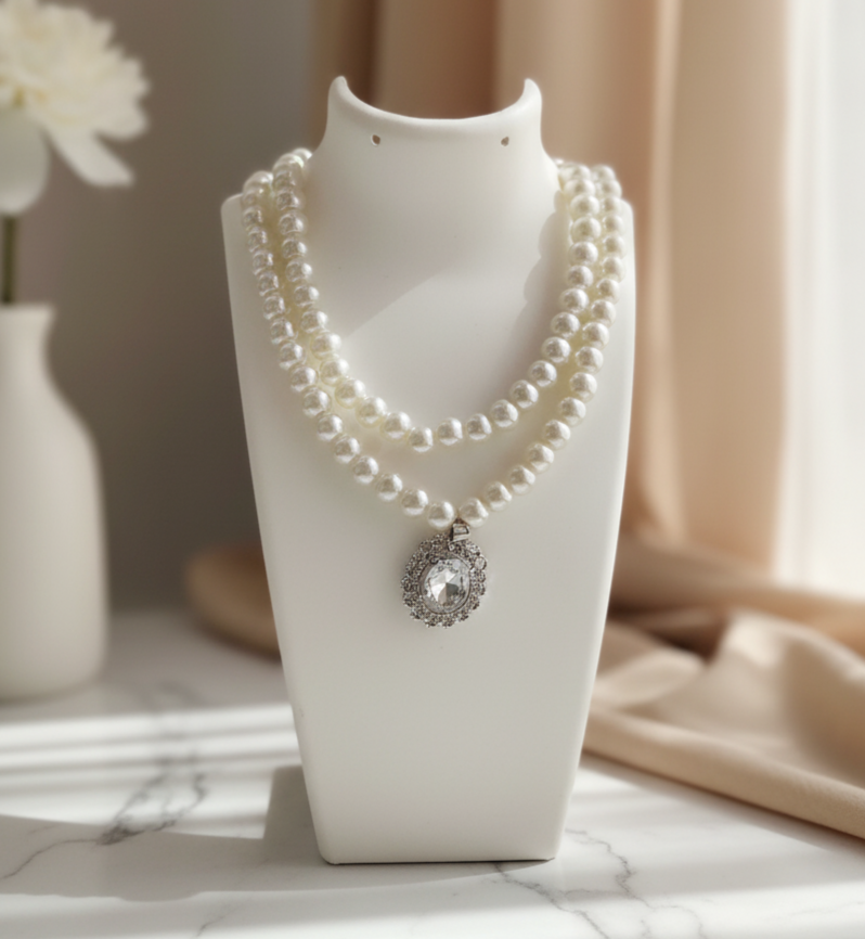 Classic Double Pearl Necklace Set with Crystal Pendant
