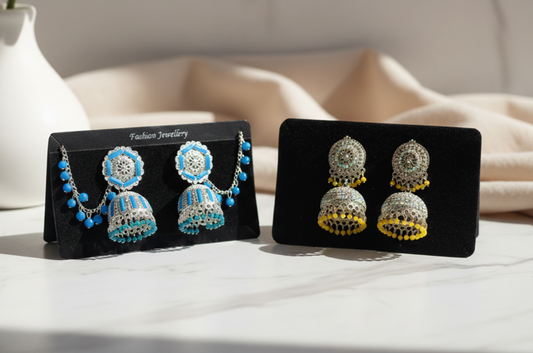 Dual-Color Jhumka Earring Combo – Blue & Yellow