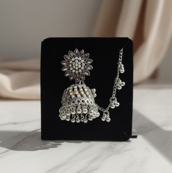 Floral Silver Jhumka Earrings with Chain