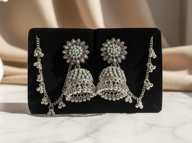Floral Silver Jhumka Earrings with Chain