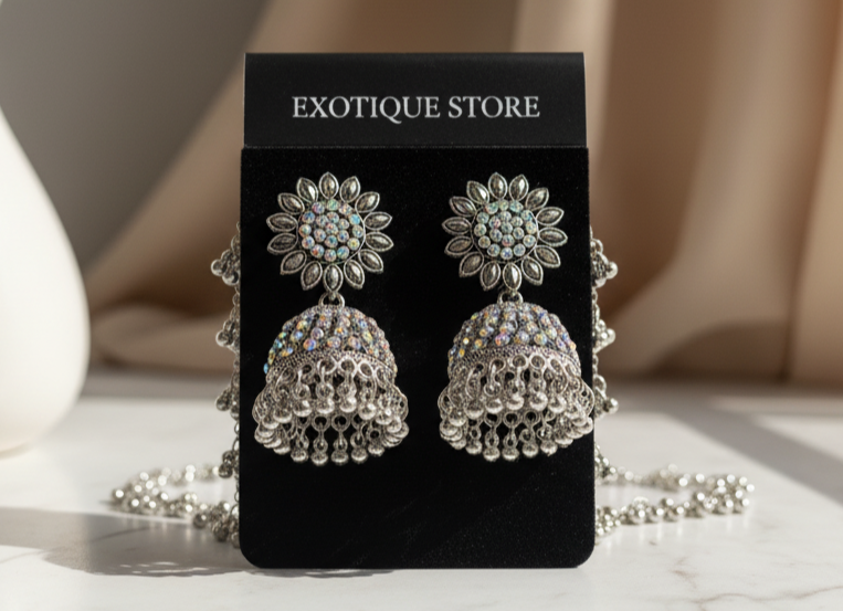 Floral Silver Jhumka Earrings with Chain