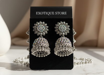 Floral Silver Jhumka Earrings with Chain