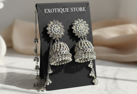 Floral Silver Jhumka Earrings with Chain