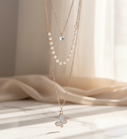 Layered Butterfly Pendant Necklace with Pearl