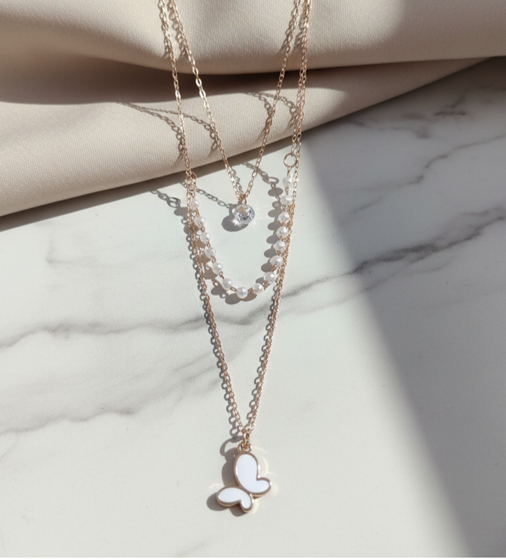 Layered Butterfly Pendant Necklace with Pearl