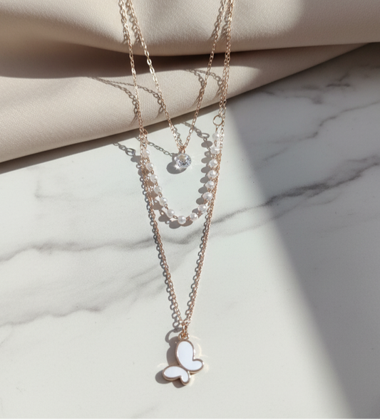 Layered Butterfly Pendant Necklace with Pearl