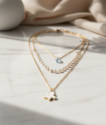 Layered Butterfly Pendant Necklace with Pearl