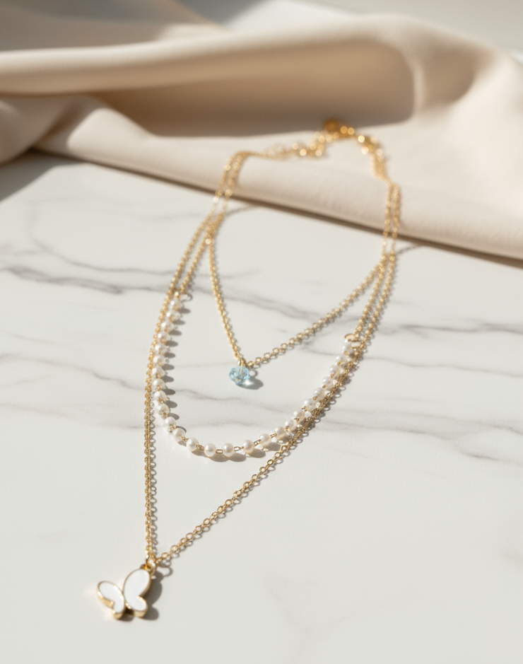 Layered Butterfly Pendant Necklace with Pearl
