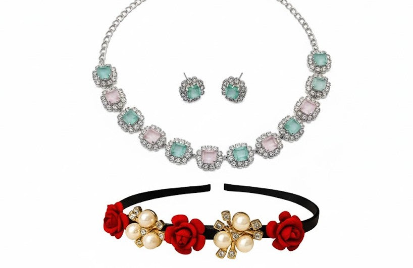 Floral Hair Band with Pink-Green Necklace Set