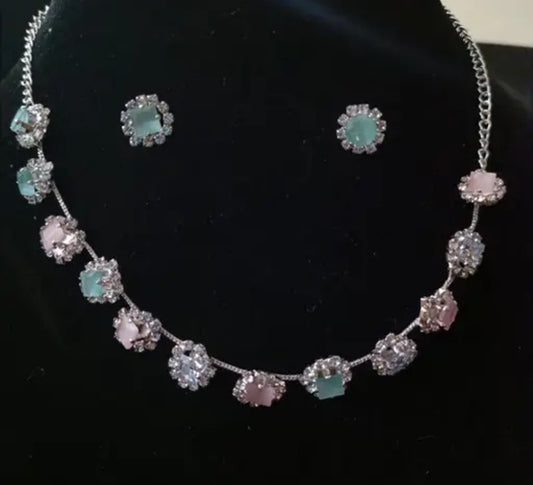 Pink & Green Stone Necklace Set with Earrings