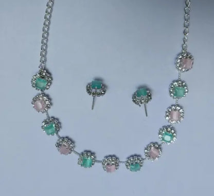 Pink & Green Stone Necklace Set with Earrings