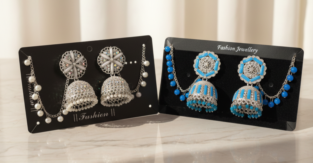 Silver & Blue Jhumka Earring Combo – Elegant Festive Pair