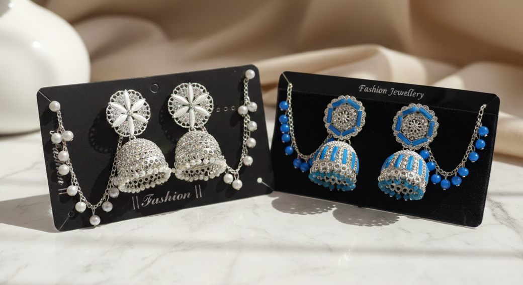 Silver & Blue Jhumka Earring Combo – Elegant Festive Pair