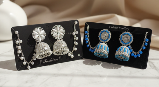 Silver & Blue Jhumka Earring Combo – Elegant Festive Pair