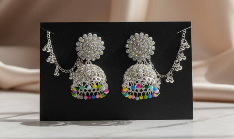 Sparkling Silver Jhumka Earrings with Color Beads