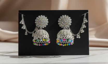 Sparkling Silver Jhumka Earrings with Color Beads