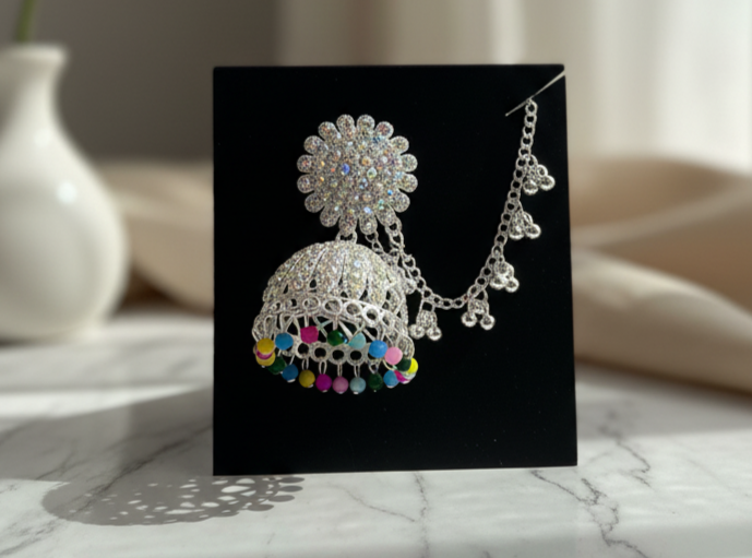 Sparkling Silver Jhumka Earrings with Color Beads