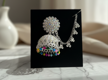 Sparkling Silver Jhumka Earrings with Color Beads