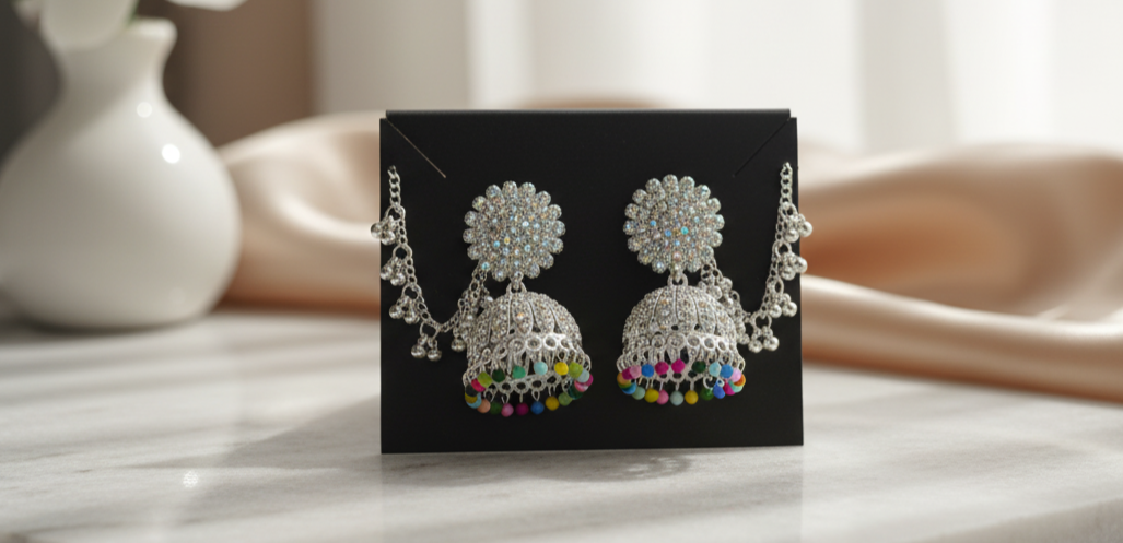 Sparkling Silver Jhumka Earrings with Color Beads