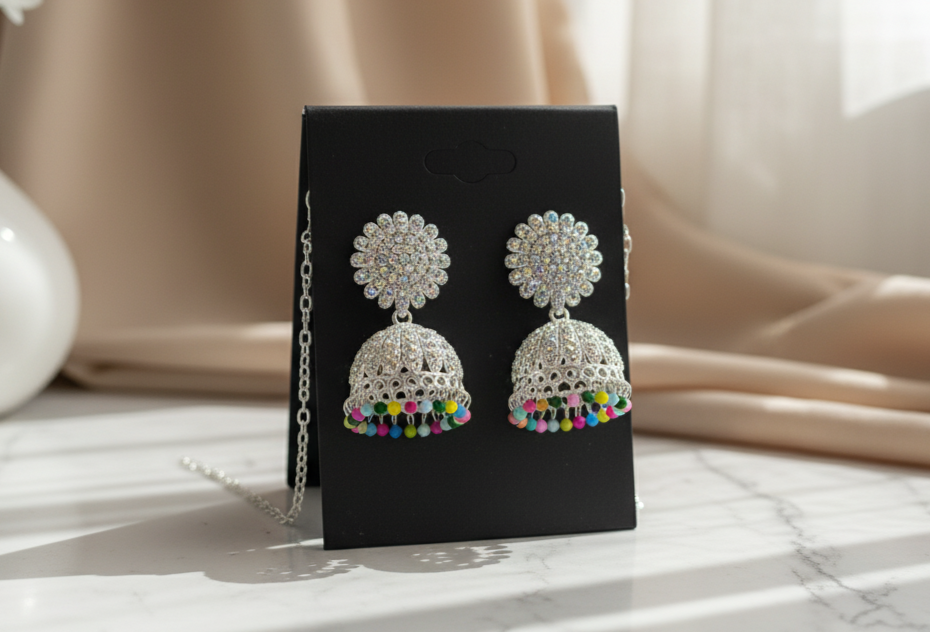 Sparkling Silver Jhumka Earrings with Color Beads