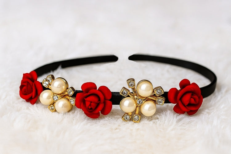 Floral Hair Band with Pink-Green Necklace Set
